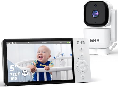 GHB Camara Vigilancia Bebe 5' 720P HD IPS Rotación de 350°, Batería de 5000mAh Vigilabebes con...