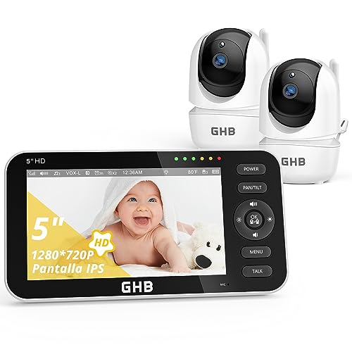 GHB Camara Vigilancia Bebe con 5' HD Pantalla Vigilabebés con 2 Cámaras, Batería de 4000mAh...