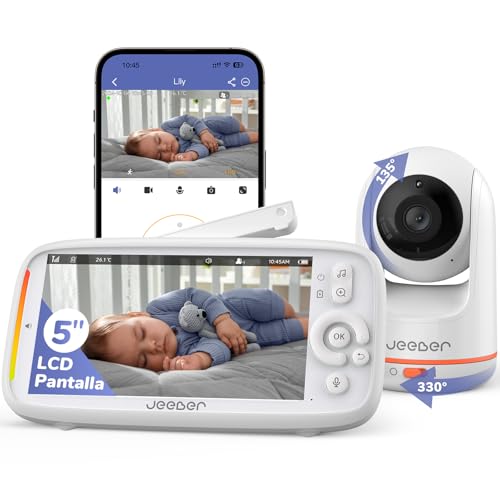 jeeber 2K/3MP Camara Vigilancia Bebe con App Movil, 5' IPS Pantalla, Rotación de 360 ​​Grados,...