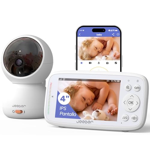 jeeber Camara Vigilancia Bebe con App Movil, 4' IPS Pantalla, 360 ​​Grados, Visión Nocturna,...